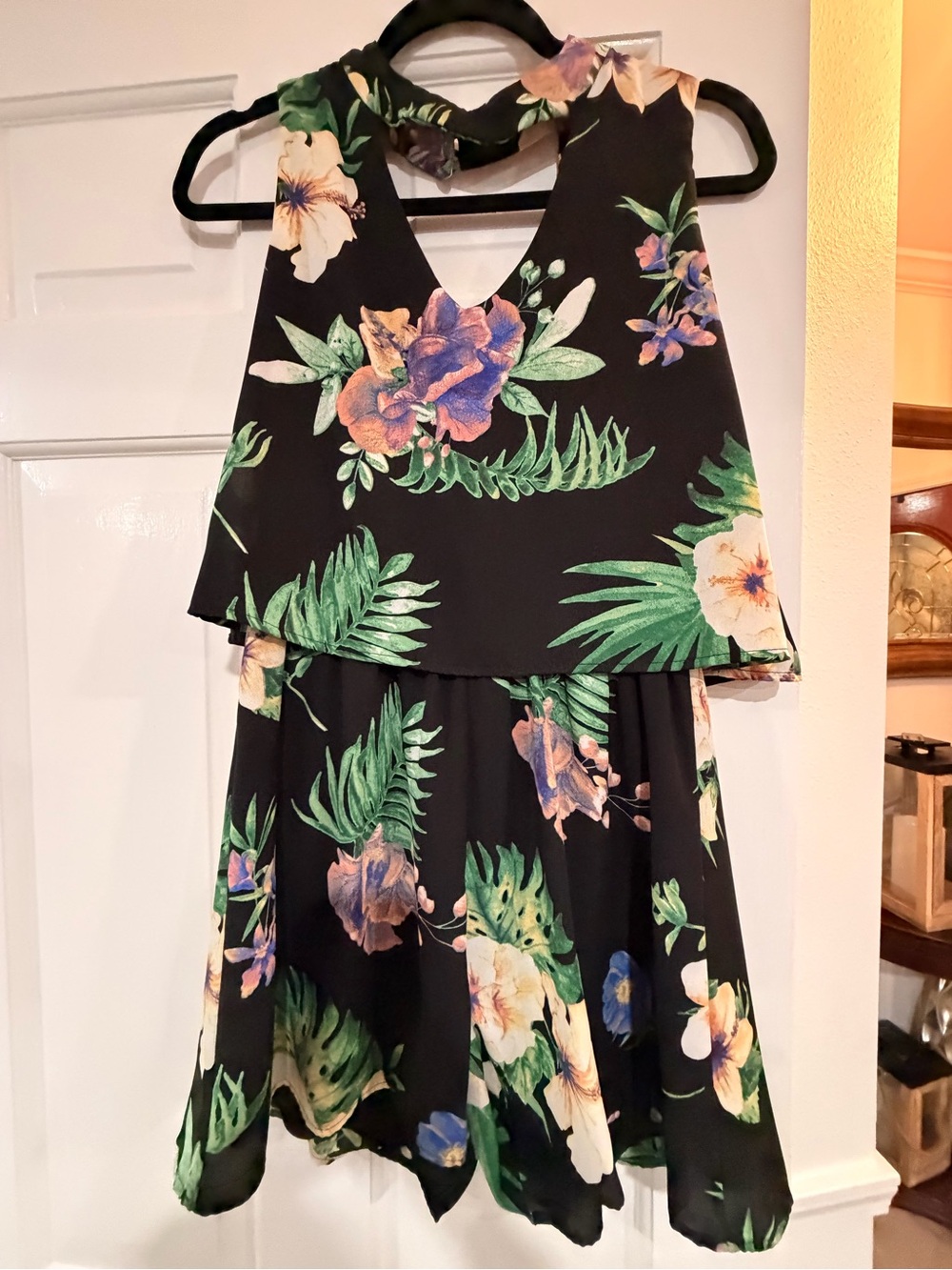 Black Floral Halter Romper with Green Leaves